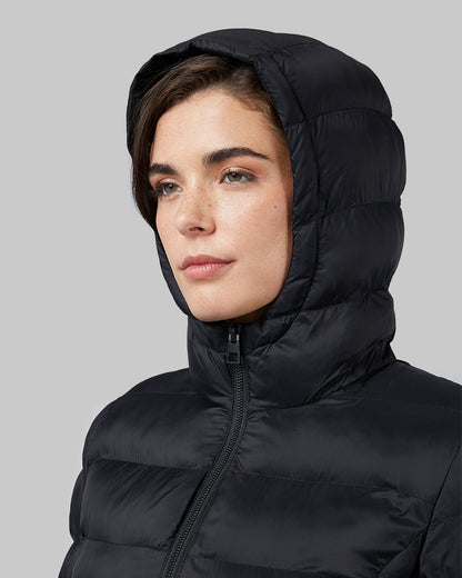 32 Degrees Black _ Women's Poly-Fill Hooded Packable Jacket {model: Katie is 5'10", wearing size S}{bottom}{right} {bottom}{right}