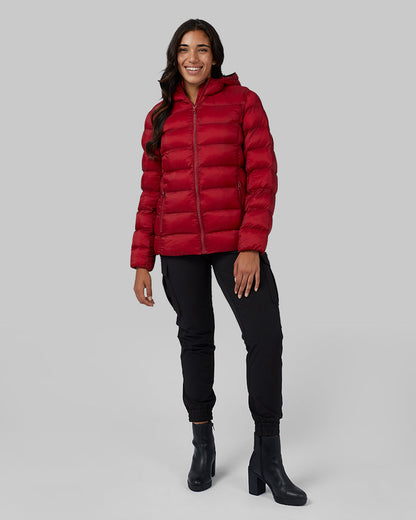 32 Degrees Chili Pepper _ Women's Poly-Fill Hooded Packable Jacket {model: Ria is 5'8", wearing size S}{bottom}{right} {bottom}{right}