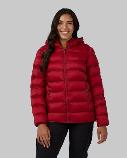 32 Degrees Chili Pepper _ Women's Poly-Fill Hooded Packable Jacket {model: Ria is 5'8", wearing size S}{bottom}{right} {bottom}{right}