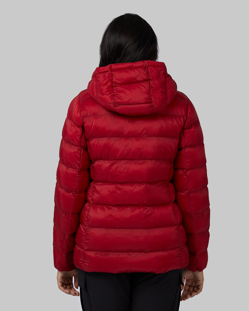 32 Degrees Chili Pepper _ Women's Poly-Fill Hooded Packable Jacket {model: Ria is 5'8", wearing size S}{bottom}{right} {bottom}{right}