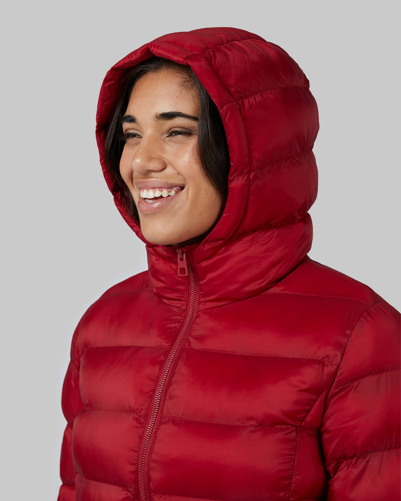 32 Degrees Chili Pepper _ Women's Poly-Fill Hooded Packable Jacket {model: Ria is 5'8", wearing size S}{bottom}{right} {bottom}{right}