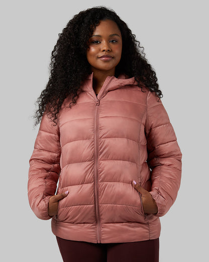 32 Degrees Copper Mule _ Women's Poly-Fill Hooded Packable Jacket {model: Audrey is 5'8", wearing size L}{bottom}{right} {bottom}{right}