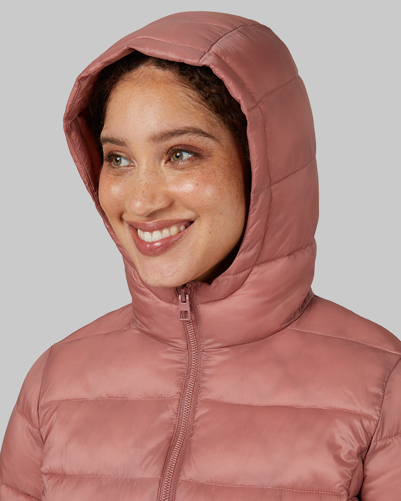 32 Degrees Copper Mule _ Women's Poly-Fill Hooded Packable Jacket {model: Renee is 5'9", wearing size S}{bottom}{right} {bottom}{right}