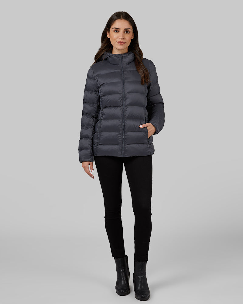 32 Degrees Dark Shadow _ Women's Poly-Fill Hooded Packable Jacket {model: Bruna is 5'8", wearing size S}{bottom}{right} {bottom}{right}