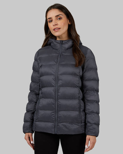 32 Degrees Dark Shadow _ Women's Poly-Fill Hooded Packable Jacket {model: Bruna is 5'8", wearing size S}{bottom}{right} {bottom}{right}