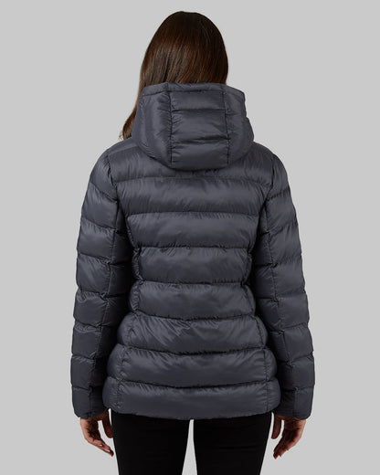 32 Degrees Dark Shadow _ Women's Poly-Fill Hooded Packable Jacket {model: Bruna is 5'8", wearing size S}{bottom}{right} {bottom}{right}