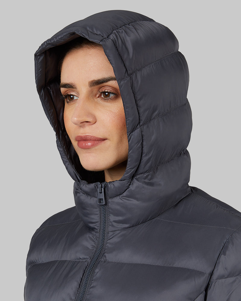 32 Degrees Dark Shadow _ Women's Poly-Fill Hooded Packable Jacket {model: Bruna is 5'8", wearing size S}{bottom}{right} {bottom}{right}