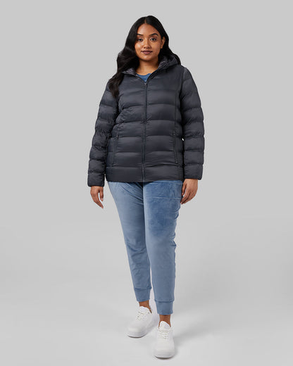 32 Degrees Dark Shadow _ Women's Poly-Fill Hooded Packable Jacket {model: Nikita is 5'10", wearing size L}{bottom}{right} {bottom}{right}