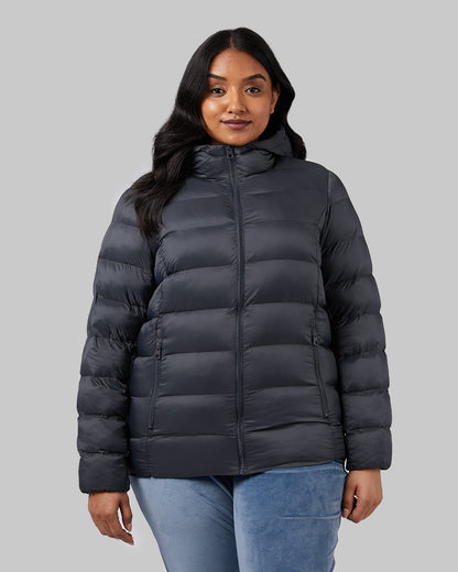 32 Degrees Dark Shadow _ Women's Poly-Fill Hooded Packable Jacket {model: Nikita is 5'10", wearing size L}{bottom}{right} {bottom}{right}