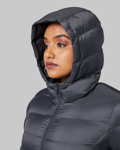 32 Degrees Dark Shadow _ Women's Poly-Fill Hooded Packable Jacket {model: Nikita is 5'10", wearing size L}{bottom}{right} {bottom}{right}