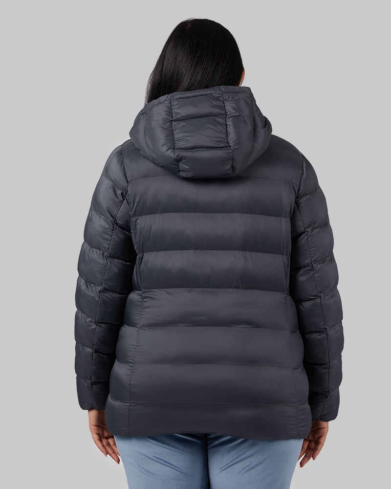 32 Degrees Dark Shadow _ Women's Poly-Fill Hooded Packable Jacket {model: Nikita is 5'10", wearing size L}{bottom}{right} {bottom}{right}