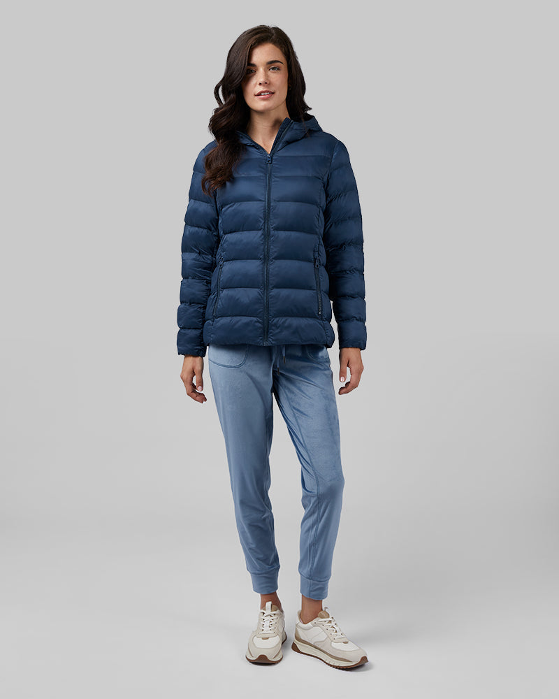 32 Degrees Moonlit Ocean _ Women's Poly-Fill Hooded Packable Jacket {model: Katie is 5'10", wearing size S}{bottom}{right} {bottom}{right}