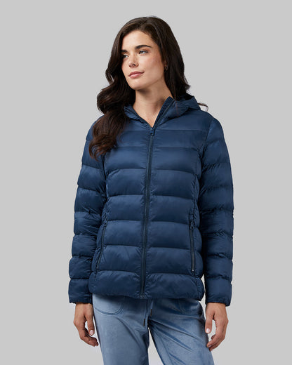 32 Degrees Moonlit Ocean _ Women's Poly-Fill Hooded Packable Jacket {model: Katie is 5'10", wearing size S}{bottom}{right} {bottom}{right}