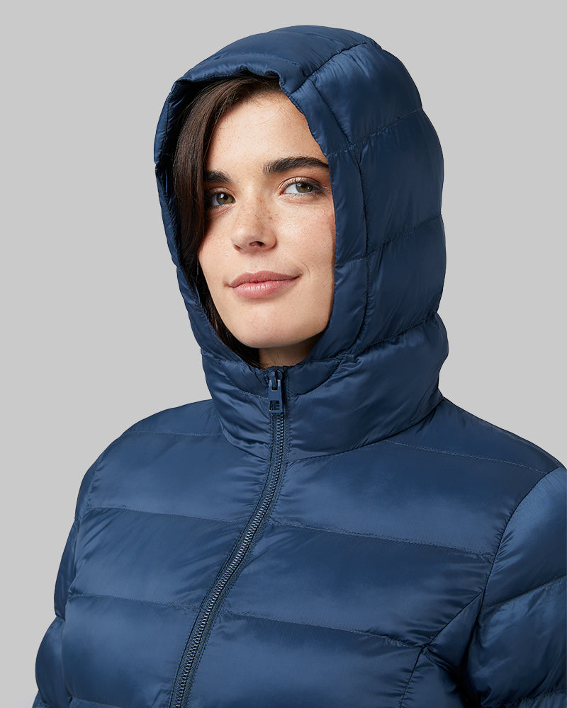 32 Degrees Moonlit Ocean _ Women's Poly-Fill Hooded Packable Jacket {model: Katie is 5'10", wearing size S}{bottom}{right} {bottom}{right}