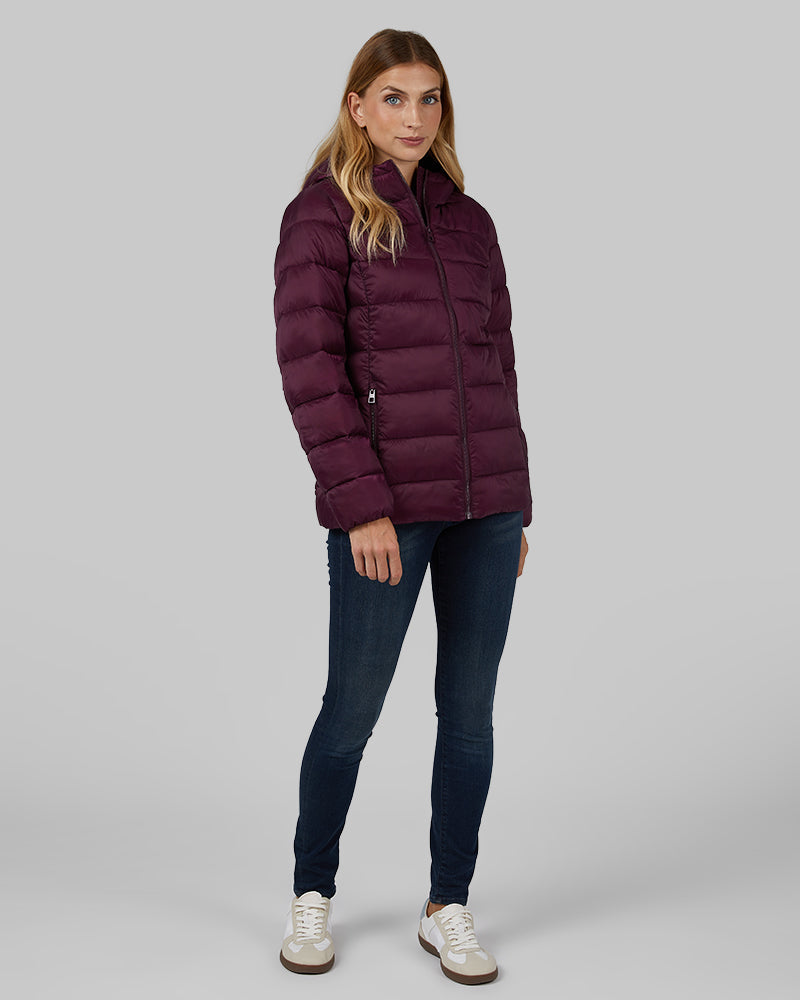 32 Degrees Potent Purple _ Women's Poly-Fill Hooded Packable Jacket {model: Colby is 5'9", wearing size S}{bottom}{right} {bottom}{right}