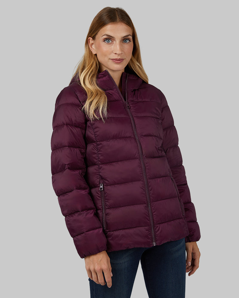 32 Degrees Potent Purple _ Women's Poly-Fill Hooded Packable Jacket {model: Colby is 5'9", wearing size S}{bottom}{right} {bottom}{right}