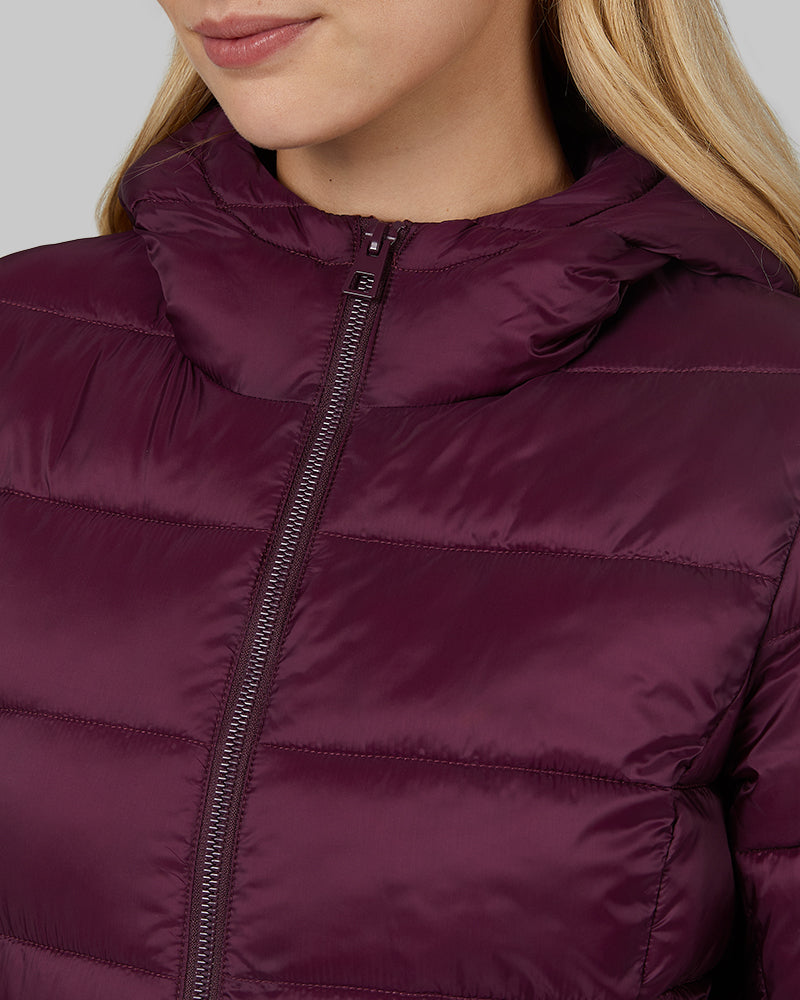 32 Degrees Potent Purple _ Women's Poly-Fill Hooded Packable Jacket {model: Colby is 5'9", wearing size S}{bottom}{right} {bottom}{right}