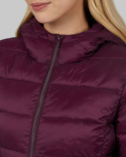 32 Degrees Potent Purple _ Women's Poly-Fill Hooded Packable Jacket {model: Colby is 5'9", wearing size S}{bottom}{right} {bottom}{right}