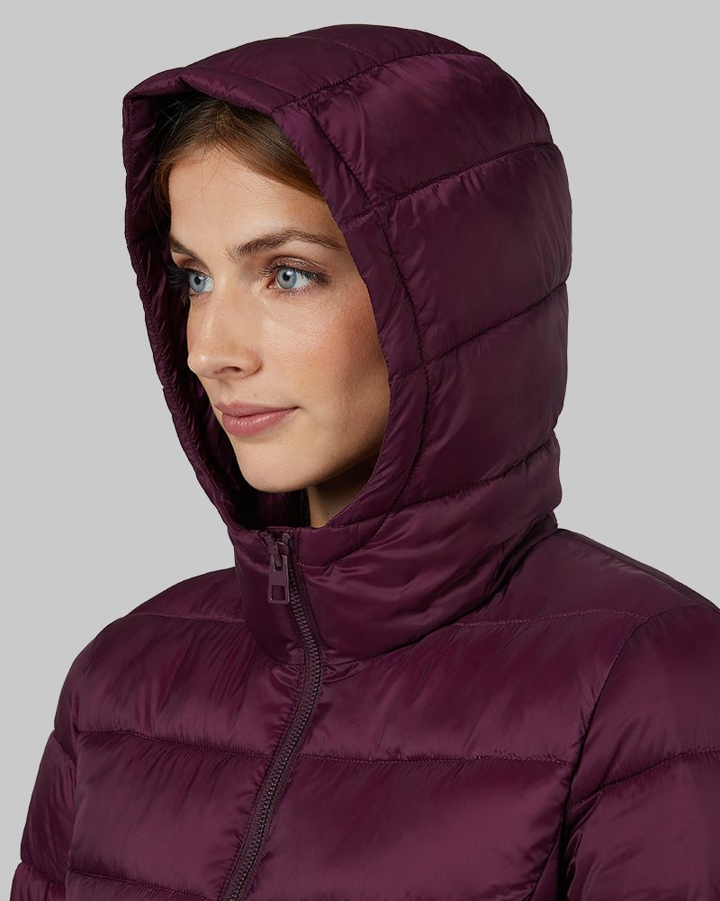 32 Degrees Potent Purple _ Women's Poly-Fill Hooded Packable Jacket {model: Colby is 5'9", wearing size S}{bottom}{right} {bottom}{right}