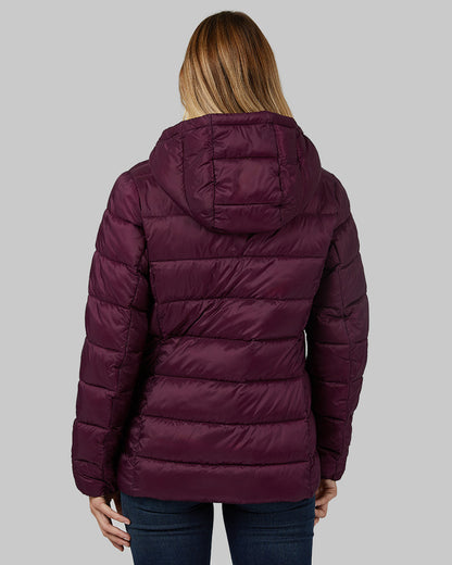 32 Degrees Potent Purple _ Women's Poly-Fill Hooded Packable Jacket {model: Colby is 5'9", wearing size S}{bottom}{right} {bottom}{right}