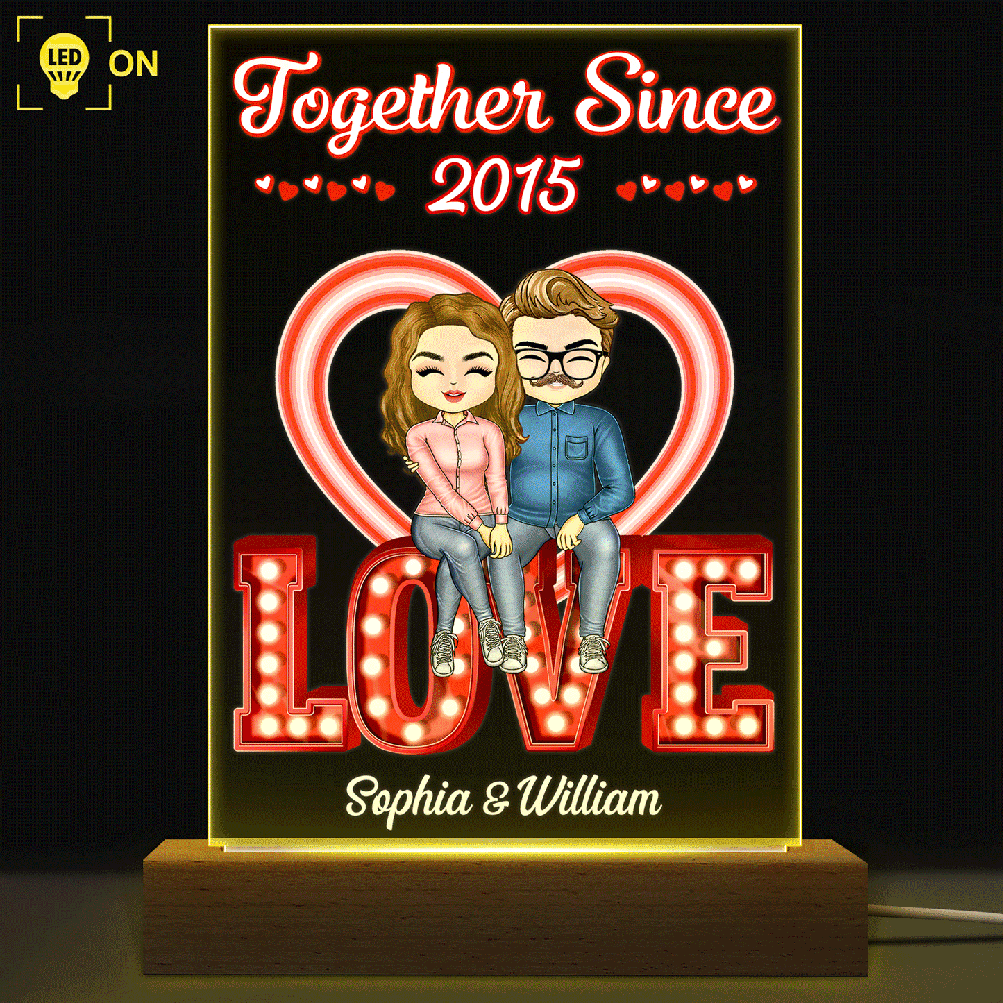 Together Since - Anniversary, Birthday Gift For Spouse, Lover, Husband, Wife, Boyfriend, Girlfriend, Couple - Personalized Custom 3D Led Light Wooden Base