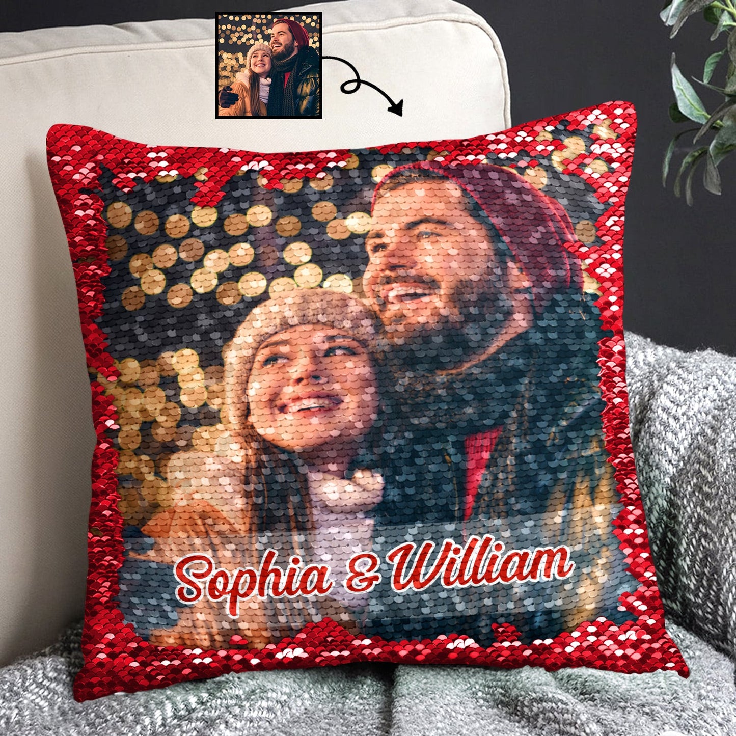 Custom Photo Lovely Family - Gift For Couples, Husband And Wife, Kids, Grandparents - Personalized Sequin Pillow, Mermaid Sequin Cushion Magic Reversible Throw Pillow