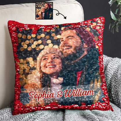 Custom Photo Lovely Family - Gift For Couples, Husband And Wife, Kids, Grandparents - Personalized Sequin Pillow, Mermaid Sequin Cushion Magic Reversible Throw Pillow