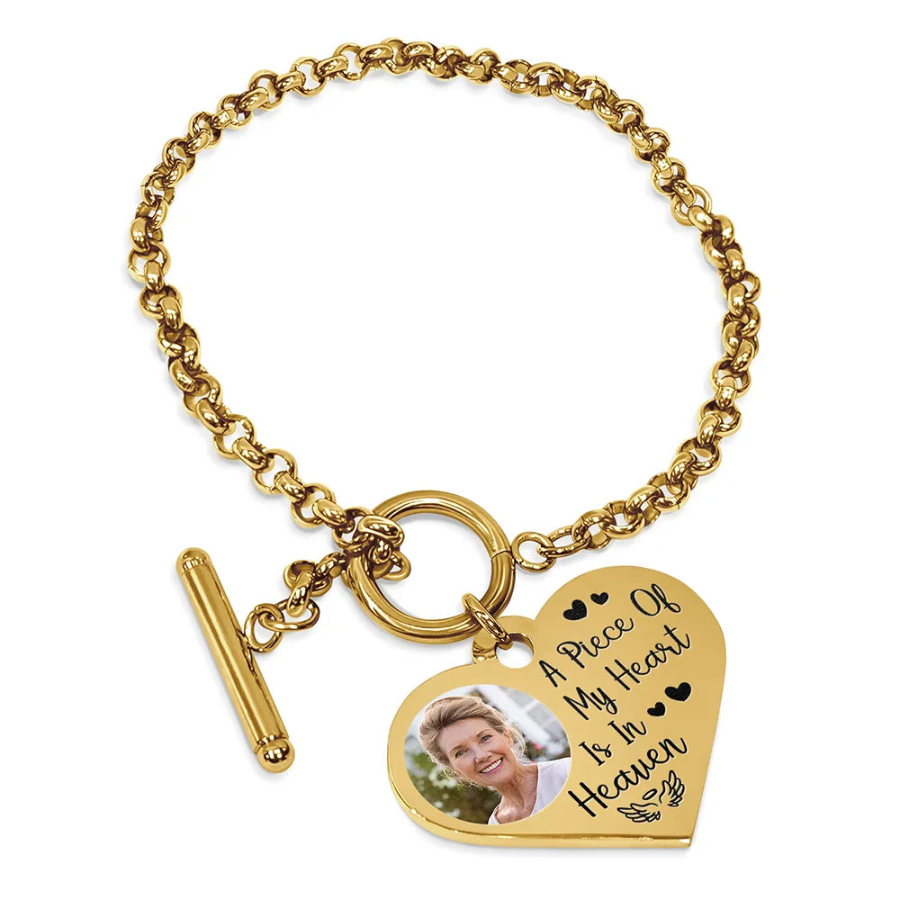 Custom Photo A Piece Of My Heart Is In Heaven Memorial - Personalized Heart Bracelet