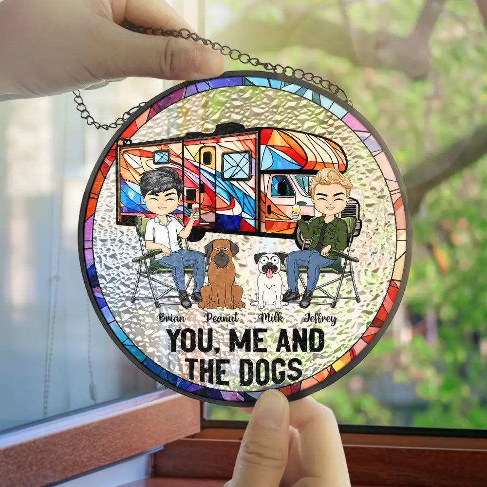 You & Me And The Dogs Camping - Personalized Stained Glass Window Hanging Suncatcher