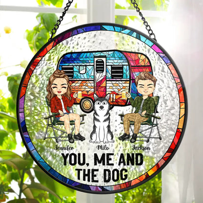 You & Me And The Dogs Camping - Personalized Stained Glass Window Hanging Suncatcher