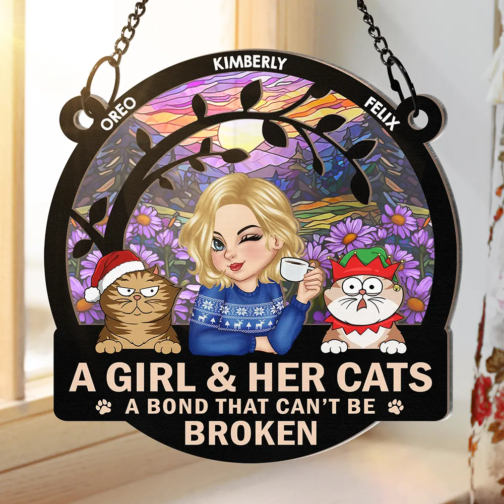 A Girl And Her Cats A Bond That Can't Be Broken Turban Woman - Personalized Window Hanging Suncatcher Ornament