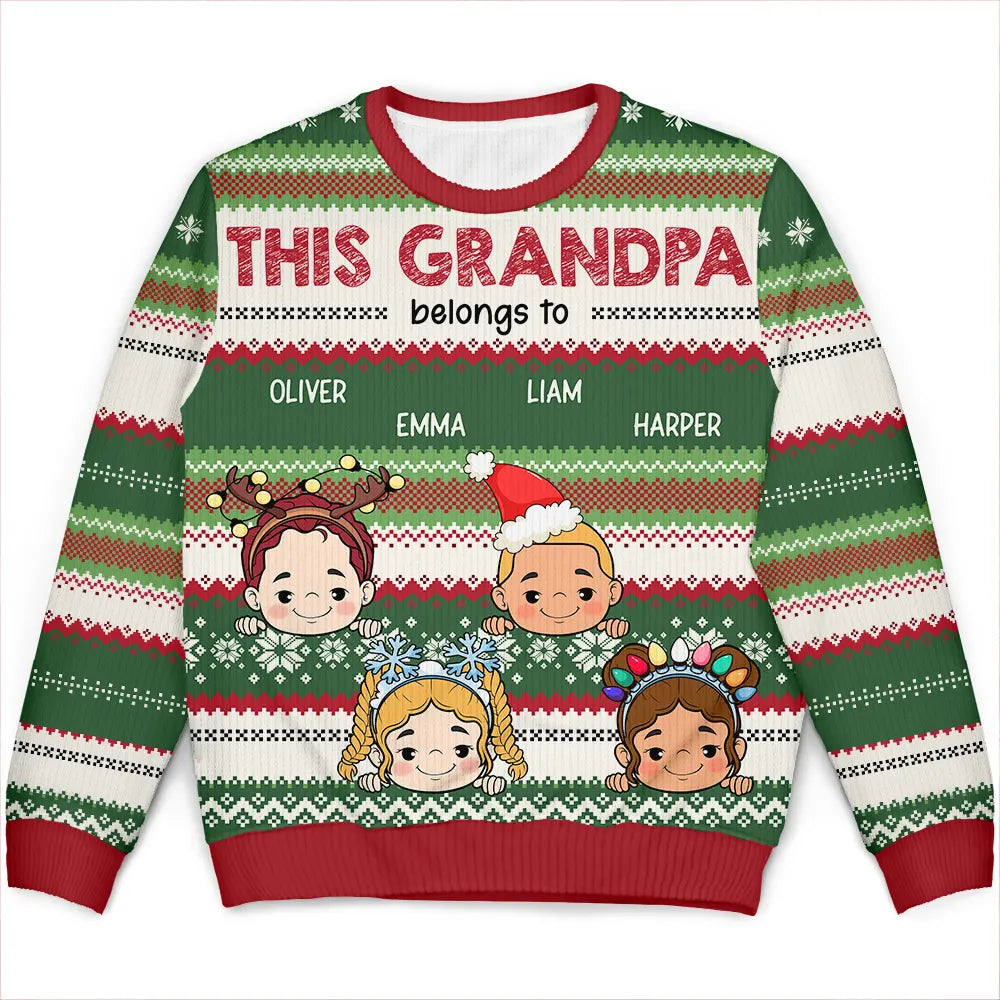 This Grandpa Daddy Belongs To Grandkids Kids - Personalized Unisex Ugly Sweater