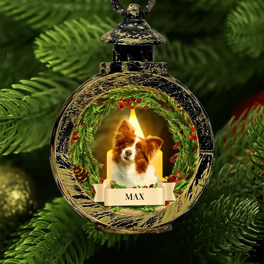 Custom Photo Lovely Dog Cat Face Wreath Pet Memorial - Personalized Candlelight Lantern Ornament