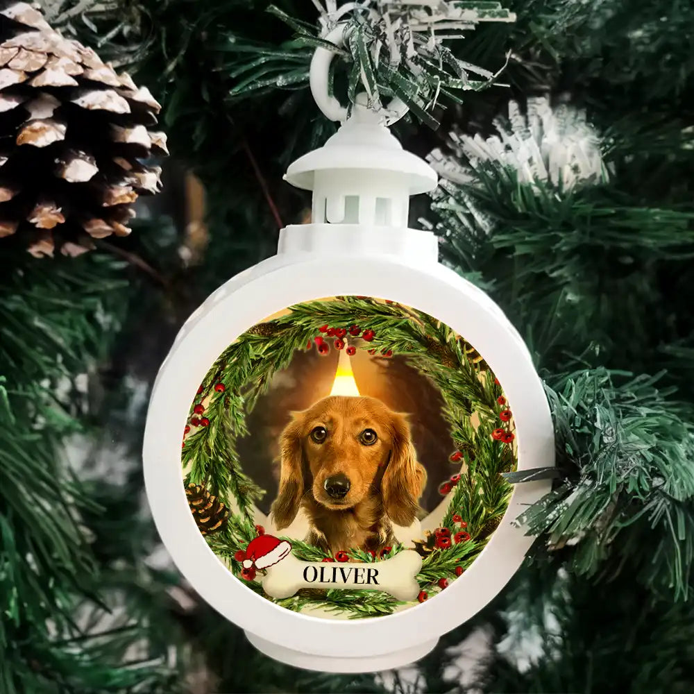 Custom Photo Lovely Dog Cat Face Wreath Pet Memorial - Personalized Candlelight Lantern Ornament