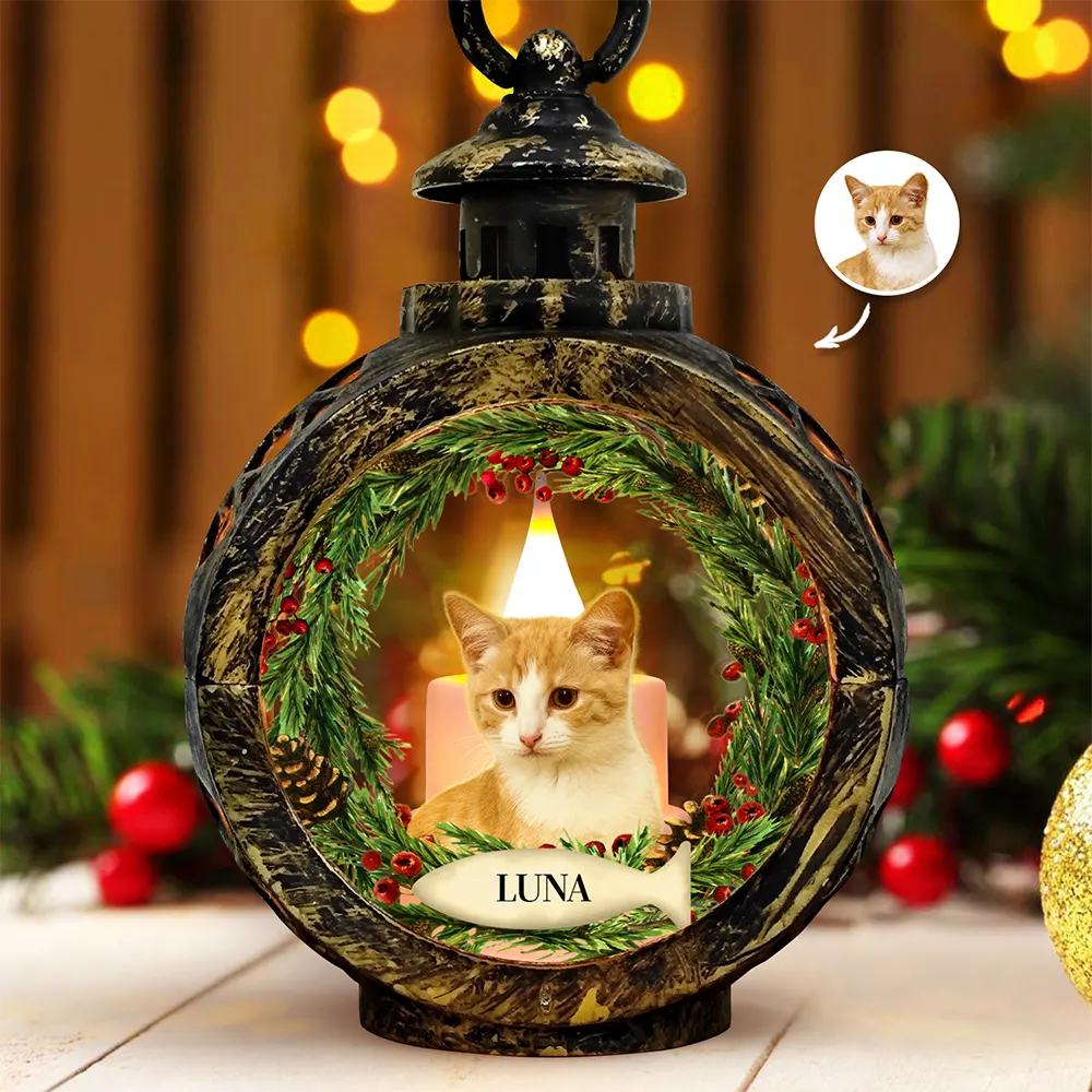 Custom Photo Lovely Dog Cat Face Wreath Pet Memorial - Personalized Candlelight Lantern Ornament