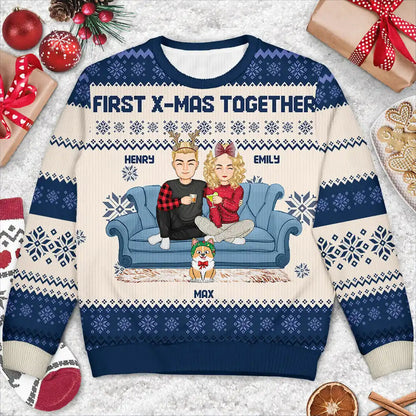 Cartoon Couple With Kids And Pets - Personalized Unisex Ugly Sweater