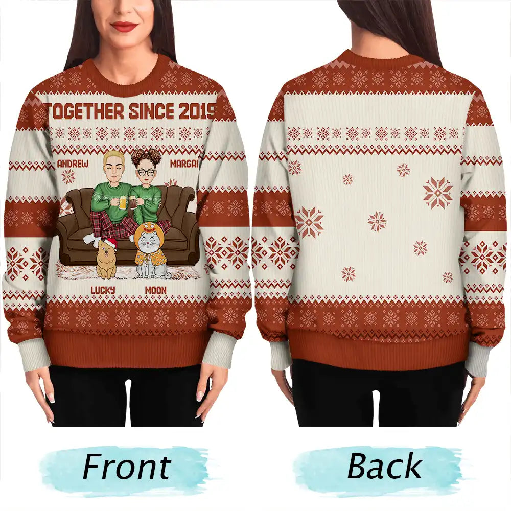 Cartoon Couple With Kids And Pets - Personalized Unisex Ugly Sweater