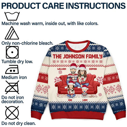 Cartoon Couple With Kids And Pets - Personalized Unisex Ugly Sweater