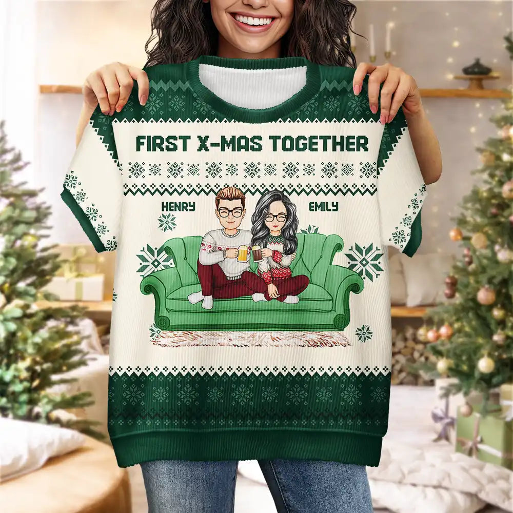 Cartoon Couple With Kids And Pets - Personalized Short Sleeve Sweater