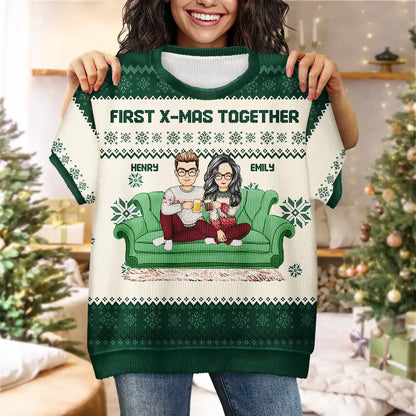 Cartoon Couple With Kids And Pets - Personalized Short Sleeve Sweater