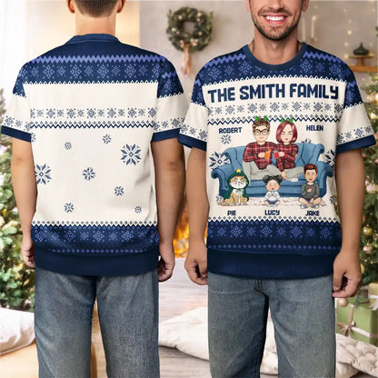 Cartoon Couple With Kids And Pets - Personalized Short Sleeve Sweater