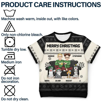 Cartoon Couple With Kids And Pets - Personalized Short Sleeve Sweater