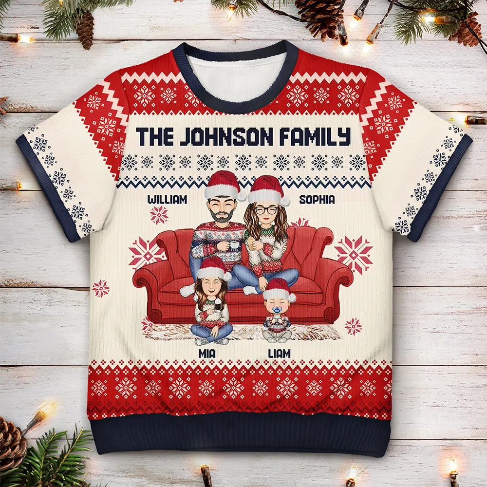 Cartoon Couple With Kids And Pets - Personalized Short Sleeve Sweater