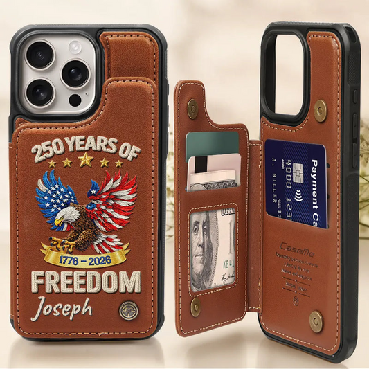 America 250 Years Of Freedom Embroidery Effect Prints - Personalized Leather Flip Wallet Phone Case