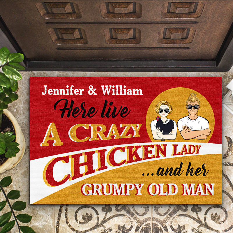 Here Live A Crazy Chicken Lady - Gift For Senior Couples - Personalized Custom Doormat