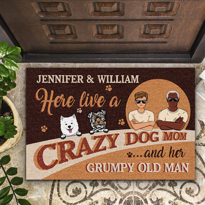 Here Live A Crazy Dog Mom - Gift For Senior Couples - Personalized Custom Doormat