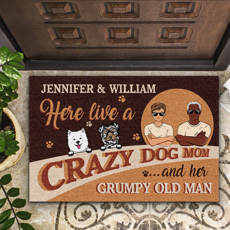 Here Live A Crazy Dog Mom - Gift For Senior Couples - Personalized Custom Doormat