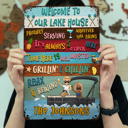 Lake House Pontoon Time Here Is Well Wasted - Personalized Custom Classic Metal Signs