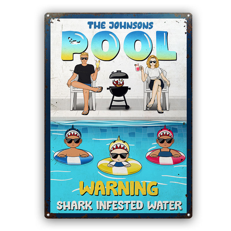 Young Family Shark Infested Water - Poolside Decoration - Personalized Custom Classic Metal Signs