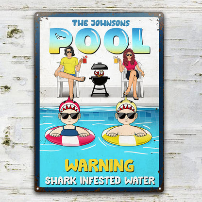 Young Family Shark Infested Water - Poolside Decoration - Personalized Custom Classic Metal Signs